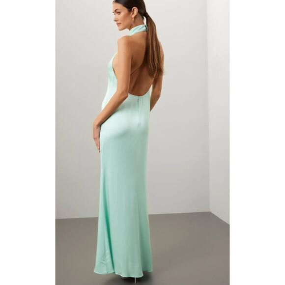 Sally LaPointe Dress Womens 0 Blue Green Satin Halter Gown Backless Shift - Picture 1 of 14